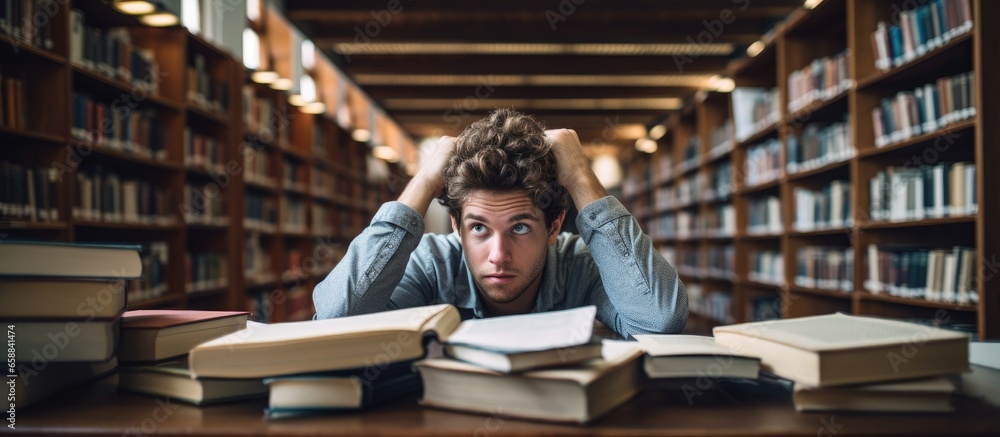 A male college student pondering a solution in a library With copyspace for text A male college student pondering a solution in a library With copyspace for text