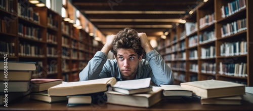 A male college student pondering a solution in a library With copyspace for text