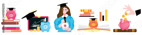 Collage of female student with piggy banks, coins and books on white background