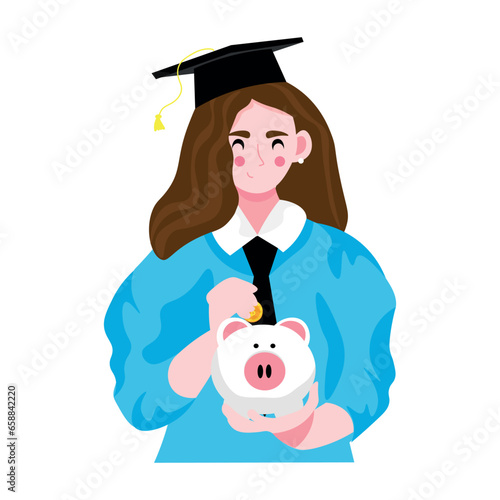 Female student with piggy bank on white background