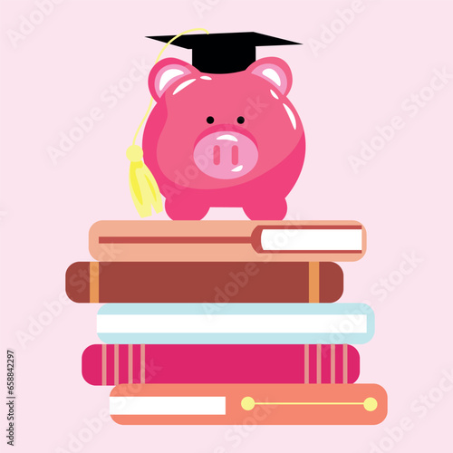 Piggy bank with graduation hat and stack of books on light pink background