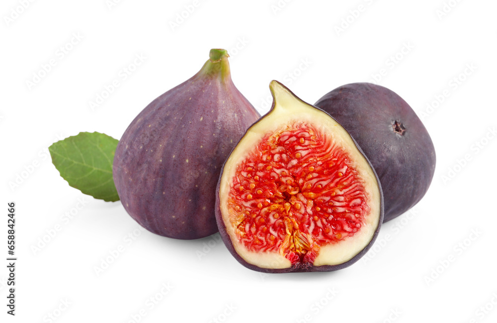 Cut and whole ripe figs isolated on white Cut and whole ripe figs isolated on white