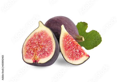 Cut and whole ripe figs isolated on white