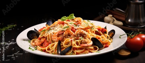 Italian seafood pasta from Bergamo Lombardy Europe With copyspace for text