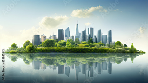 Cityscape with green trees and skyscrapers floating on water surface. Environmental protection