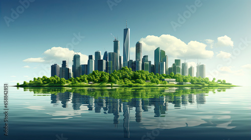 Cityscape with green trees and skyscrapers floating on water surface. Environmental protection