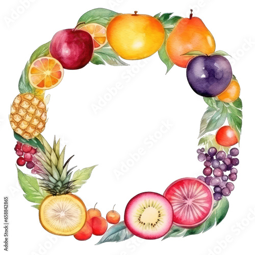Tropical fruits frame watercolor isolated on transparent background