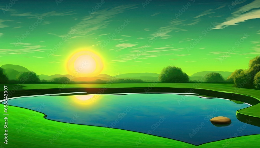 green sunset over a pond in the style of a videogame 