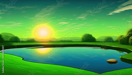 green sunset over a pond in the style of a videogame 