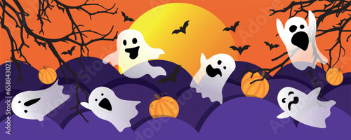 Halloween banner with scary ghosts and pumpkins