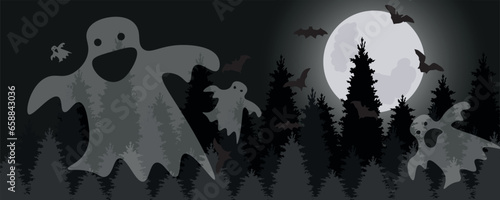 Halloween banner with scary ghosts at night