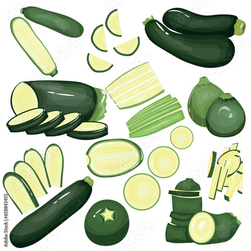 Set of fresh green zucchinis on white background