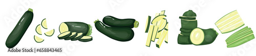 Set of fresh green zucchinis on white background