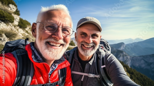 Tourism and Travel: Two elderly mountaineers take a selfie while hiking in the mountains. Happy elderly man enjoying adventure travel.