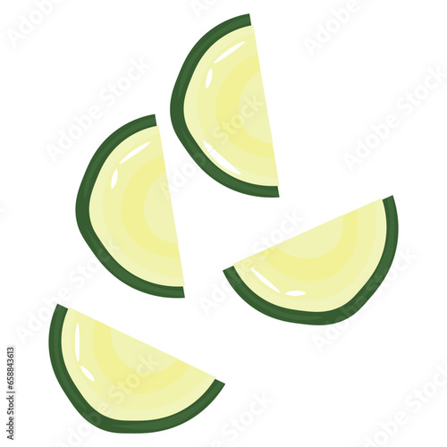 Slices of fresh green zucchini on white background