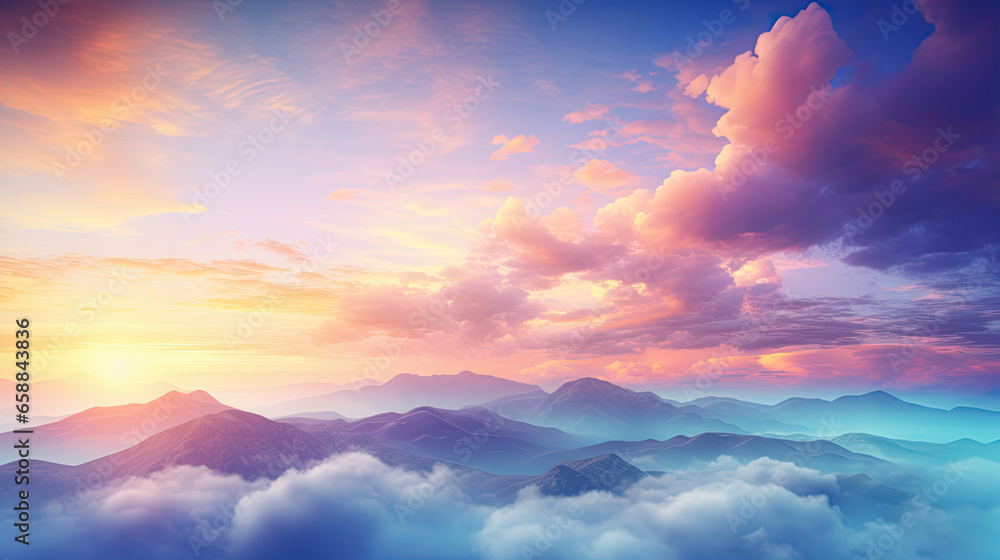 Autumn sunrise cloudy sky over mountains; Abstract colorful peaceful sky background - obrazy, fototapety, plakaty 