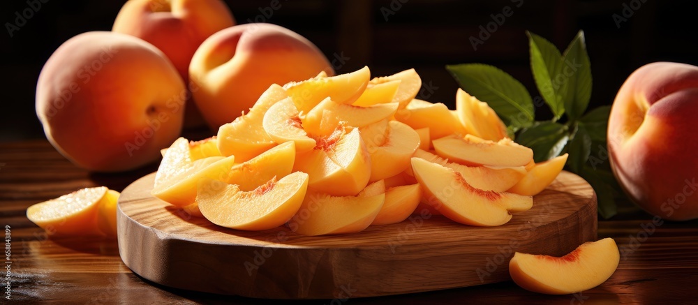 Close up of sliced and peeled peaches on wooden cutting board With copyspace for text