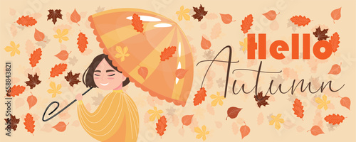 Woman with umbrella, leaves and text HELLO, AUTUMN
