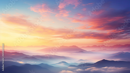 Autumn sunrise cloudy sky over mountains; Abstract colorful peaceful sky background