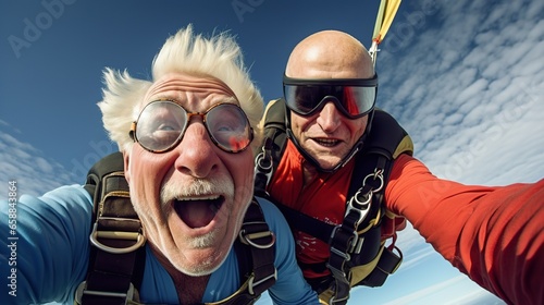 Tourism and travel: Two elderly skydivers are jumping from a small plane. Happy elderly man enjoying adventure.