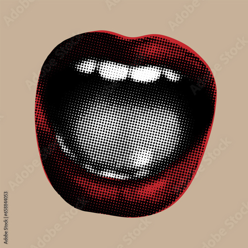 Halftone open screaming mouth with red lips. Collage design lips in trendy retro Y2K style. Vector illustration with cutout element for Halloween or karaoke design.