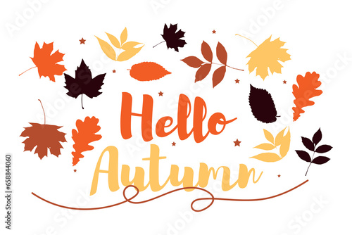 Text HELLO, AUTUMN and leaves on white background