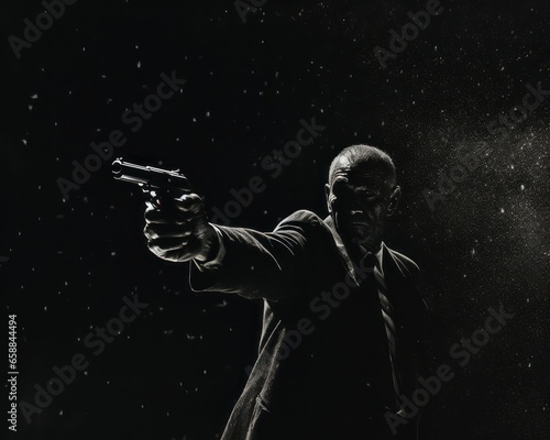 The man holding the gun in black and white. Realistic hyper-detailed portrait.