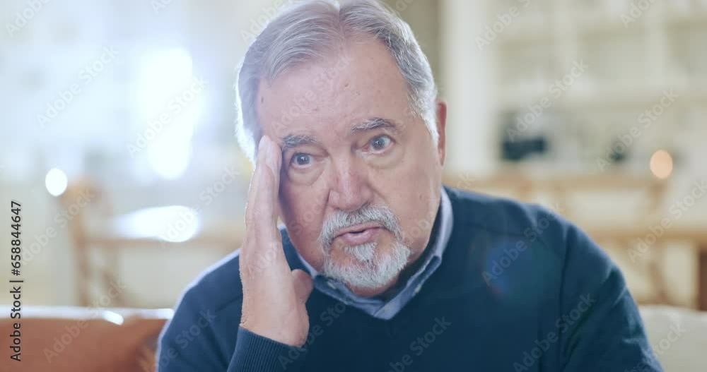 Headache, senior man and stress in home for retirement, mental health or anxiety of depression. Face, elderly pensioner and massage temple for vertigo, worry and tired of pain, debt crisis or mistake Headache, senior man and stress in home for retirement, mental health or anxiety of depression. Face, elderly pensioner and massage temple for vertigo, worry and tired of pain, debt crisis or mistake
