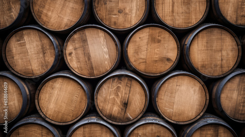 Brown wooden wine beer barrel stacked background