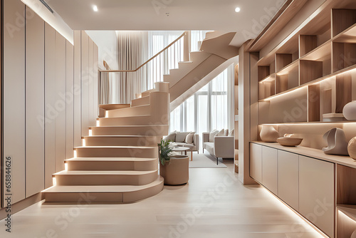 Luxury contemporary interior design in a multi storey home with sleek wooden stairs  lights strips and custom cabinets under them for storage. Stylish gentle calming composition