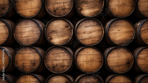 Fényképezés Brown wooden wine beer barrel stacked background