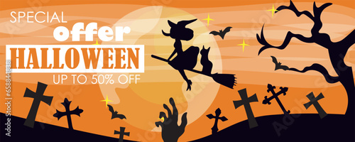 Advertising banner for Halloween sale with pumpkins and witch