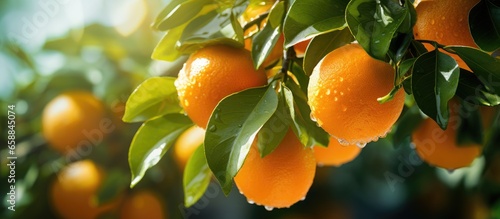 Oranges on a blooming tree With copyspace for text