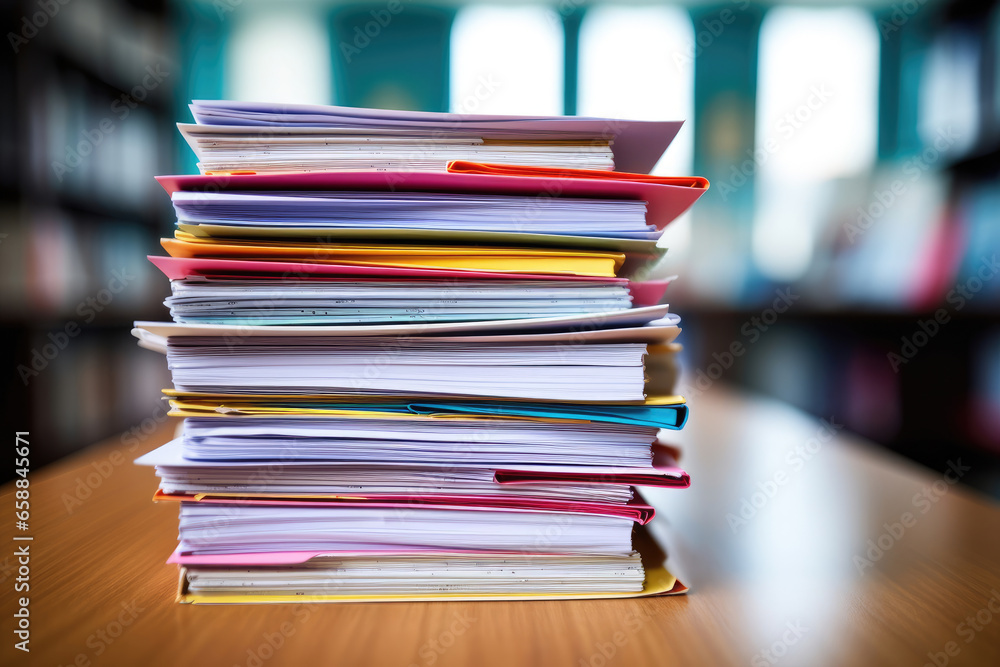 Stack of Group report papers Document clipped in color clips, business, and education concept Stack of Group report papers Document clipped in color clips, business, and education concept