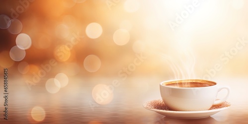 cup of coffee on the table with bokeh background