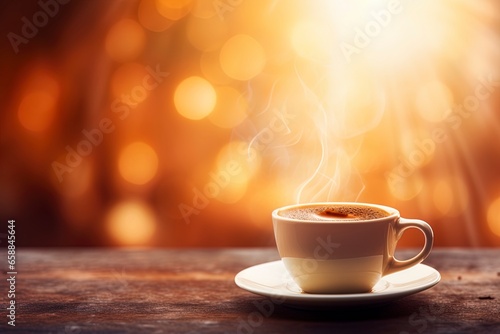 cup of coffee on the table with bokeh background