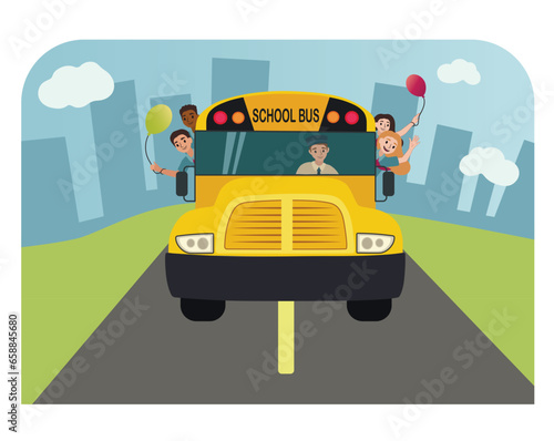 Yellow school bus on road  front view