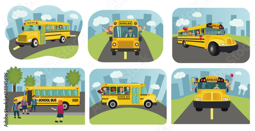 Set of yellow school buses on road © Pixel-Shot