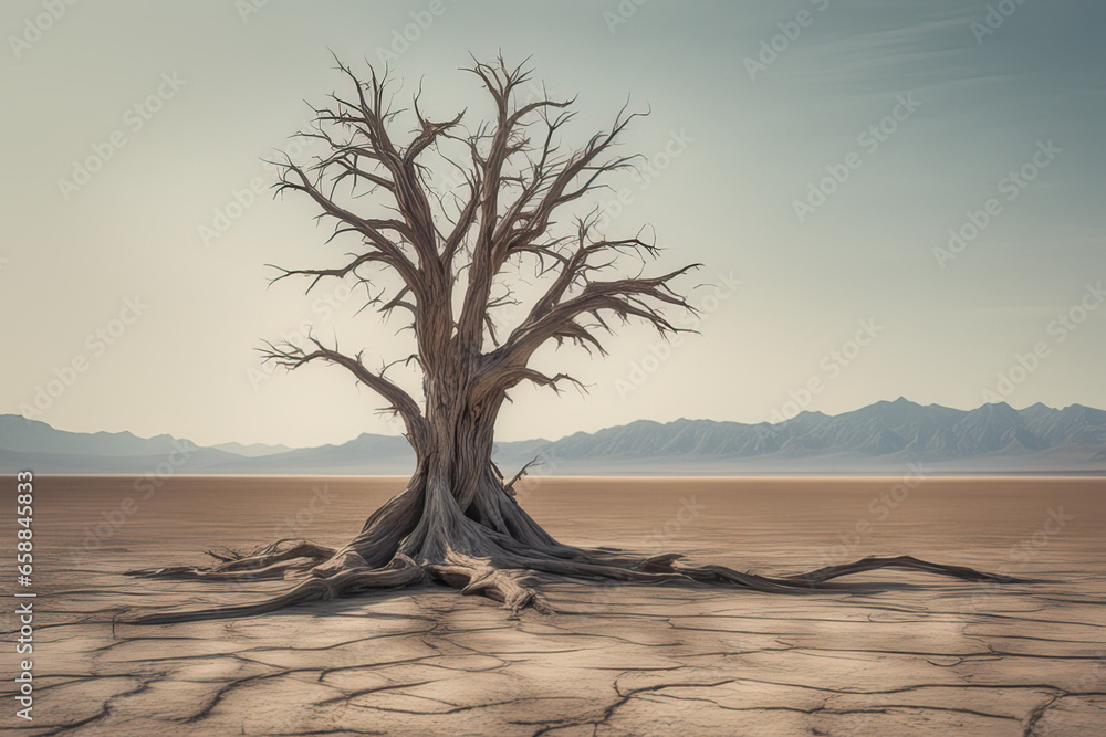 dead trees on dry and cracked land drought metaphor water crisis, climate change, the environment concept, generative ai dead trees on dry and cracked land drought metaphor water crisis, climate change, the environment concept, generative ai