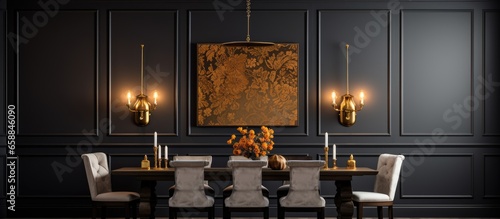 Cozy dining area with gold chandelier over wooden table black wainscoting walls With copyspace for text