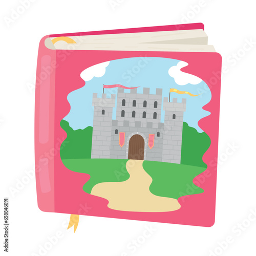 Children s book with drawn castle on white background