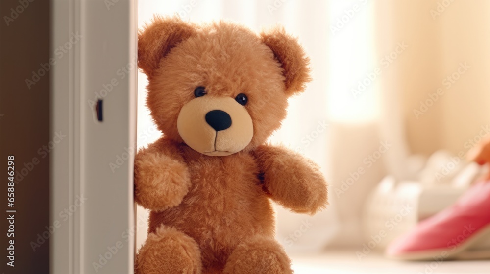 Cute brown Teddy bear toy sneak behind the door and surprise to congratulate the special day holiday festivals. game child, day care, welcome, kid day, shy childhood, party funny, generate by AI. - obrazy, fototapety, plakaty 