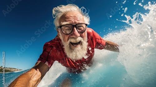 Tourism and adventure: elderly tourist playing surfboard, happy elderly man enjoying adventure, water sports, extreme sports, exercise concept.