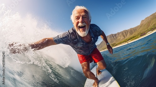 Tourism and adventure  elderly tourist playing surfboard  happy elderly man enjoying adventure  water sports  extreme sports  exercise concept.
