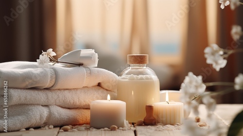 Beautiful spa treatment composition such as Towels  candles  essential oils  Massage Stones on light wooden background. blur living room  natural creams and moisturizing Healthy lifestyle  body care