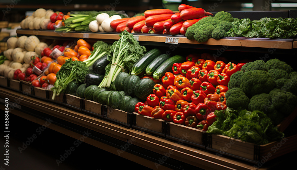 supermarket shelf with fresh vegetables and legumes