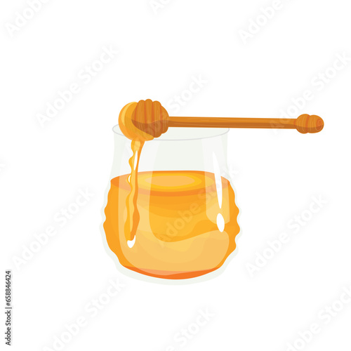 Glass of sweet honey and dipper on white background
