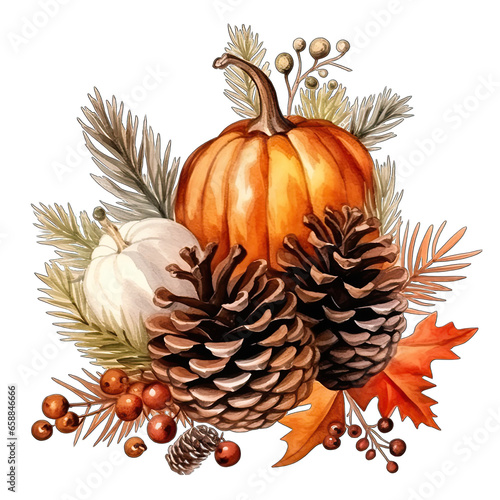 Fall pumpkin and pine cone arrangement  isolated on white