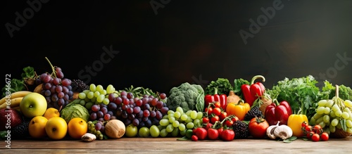 Table filled with different organic produce With copyspace for text