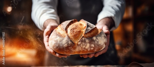 Close up shot of skilled baker showcasing hot fresh white bread from oven in rustic kitchen With copyspace for text